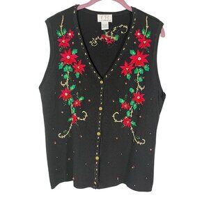 Vintage Christmas Beaded Vest Black L Festive Holiday Embroidery Classic Retro